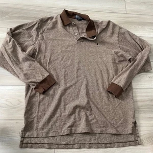 Polo Ralph Lauren XXL Long Sleeve Brown Herringbone Cotton Linen Polo Shirt - Picture 1 of 4