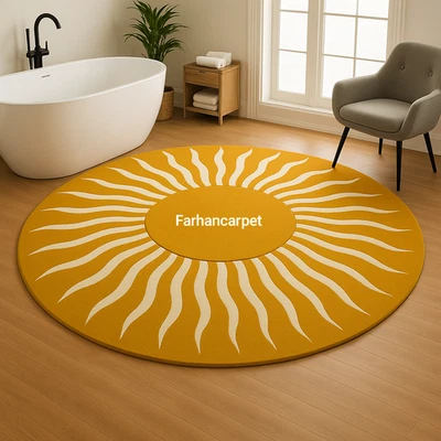 Round Wool Rug- Mustard Yellow Sunburst Carpet – Hand Tufted- Modern Area Rug | - Image 1 of 4