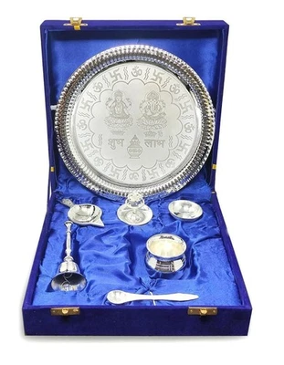 Pooja Thali Set Silver Plated with Blue Gift Box Designed 22 cm Puja Plate Ka... Foto 1 de 4