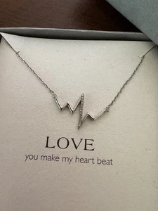 Sterling Silver Heartbeat Necklace Genuine Diamond – Love You Make My Hear Beat - Picture 1 of 6