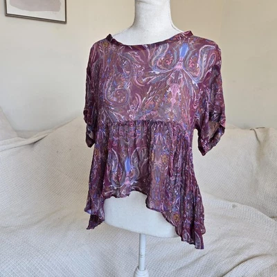 Top Free People Mujer Extra Pequeño Púrpura Boho Paisley Transparente Peplum Volantes Foto 1 de 4