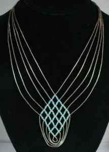 Native American Liquid Silver Woven Turquoise Beaded Necklace 18" Vintage 17.4g - Picture 1 of 9