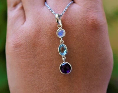 Mondstein, Blauer Topas, Amethyst Edelstein 925 Sterlingsilber Handmade Anhänger - Bild 1 von 4