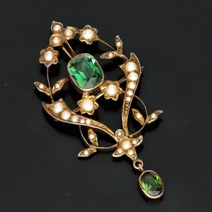 Victorian 9ct Gold Peridot and Pearl Brooch - Picture 1 of 4