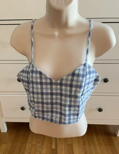 Top Corto Purr Melrose Cuadros Guinga Corbata Trasera Talla Única Azul y Blanco Cuello en V Boho - Imagen 1 de 6