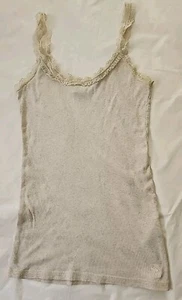 Abercrombie Womens Ribbed Lace Trim Tank Top Size Large Y2K Ivory Stretch - Picture 1 of 8
