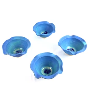 Thomas Diem Bowls Ceramic Pottery Blue Ruffle Edge Fused Glass Ireland LOT x 4 - Picture 1 of 16
