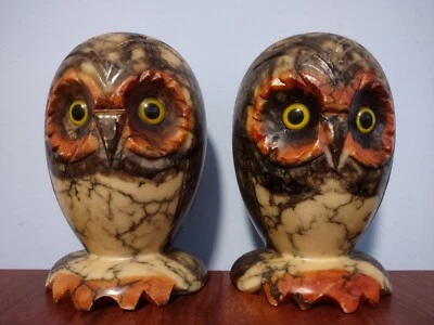 Vintage Genuine Alabaster Made in Italy Hand Carved Owl Bookends - Image 1 of 4