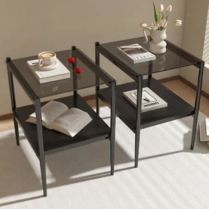 Set 2 Rectangle End Table Tempered Glass Tabletop MDF layer Modern Table Living - Picture 1 of 14