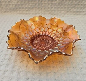Antique Dugan Carnival Glass Fish Scale Beaded Ruffled Small Bowl Marigold - Picture 1 of 10