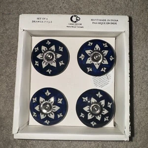 CASA DECOR CERAMIC Blue Drawer Knobs Pulls Set of 4 HANDMADE in India Doors NIB - Picture 1 of 6