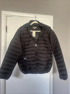 Women's Black Puffer Jacket Quilted Zip Off Hood Warm Full Zip Size Large Ruxen - Picture 1 of 5
