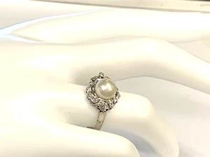 ESTATE 14k WHITE gold ladies CULTURED pearl & DIAMOND ring RXXX - Picture 1 of 5