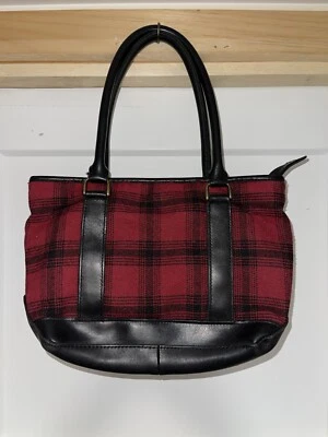 LL Bean Medium Tote/Purse 100% Wool Leather Bottom Red/Black Plaid CNLP1222 - Image 1 of 4