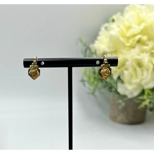 Vintage Designer Signed 18k Yellow Gold Flower Floral Dangle Drop Hook Earrings - Picture 1 of 15