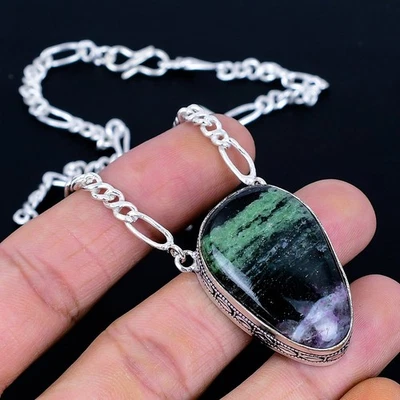 Ruby Zosite 925 Silver Plated Handmade Necklace of 17"-18"Green - Image 1 of 3