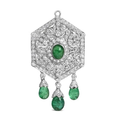 18K 2 3/4 Cttw Diamond and Emerald Dangle Art Deco Shield Brooch Pin Pendant - Image 1 of 4