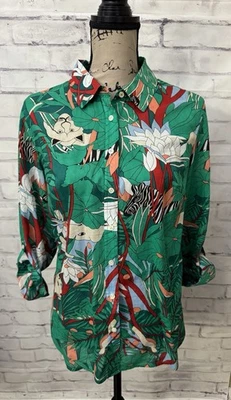 Talbots Med Jungle Tiger Print Cotton Button Up Shirt Blouse Green Camp Sleeve - Image 1 of 4