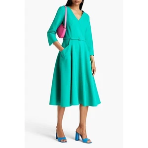 Oscar de la Renta Jade Green Belted Luxury Wool Blend Crepe Midi Dress Size 6 - Picture 1 of 15