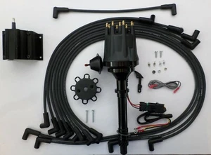 CHEVY ALL BLACK Small HEI Distributor 50k Coil + Spark Plug Wires Under Exhaust - Bild 1 von 6
