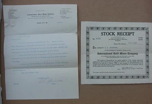 Alter Lagerbeleg & Brief von 1907 - International Gold Mines Co. Kansas City MO - Bild 1 von 1