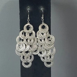 Dangle Chandelier Earrings Silver Tone Statement Retro Mid Century Modern 4" - Picture 1 of 8