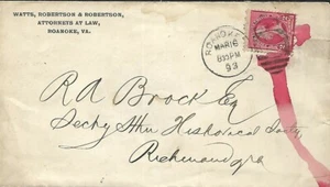 USA 1893 ADVERTIZING COVER ENVELOPE FROM WATTS ROBERTSON & ROBERTSON VA #5 - Picture 1 of 2