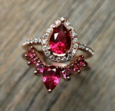2.50Ct Pear Cut Pink Ruby Bridal Set Engagement Ring 14K Rose Gold Finish - Image 1 of 4