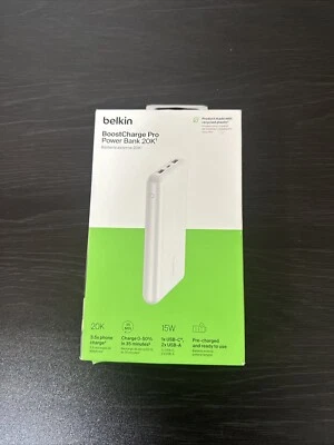 Banco de alimentación Belkin BPB012BTWH 20k USB-A C 15W PWR blanco 15-nuevo sellado de fábrica. Foto 1 de 4