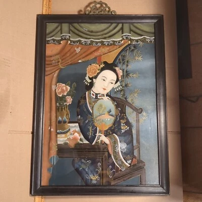Antigua pintura china en vidrio reverso de mujer era Guangxu siglo XIX 23 X 16 Foto 1 de 4