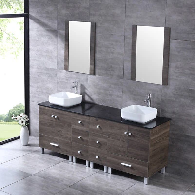 Tocador de baño 72" doble lavabo armario fregadero de cerámica combo con espejo independiente Foto 1 de 4