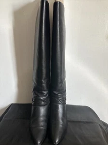 Vintage Gloria Vanderbilt Black Leather Knee High Boots Size 6M - Picture 1 of 15