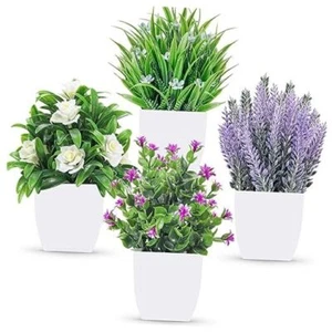 4 Packs Fake Plants Small Artificial Potted Faux Plants with Flowers for Home - Picture 1 of 7