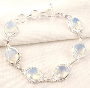 Milky Opal Gemstone 925 Sterling Silver Handmade Jewelry Bracelet 8" - Picture 1 of 6