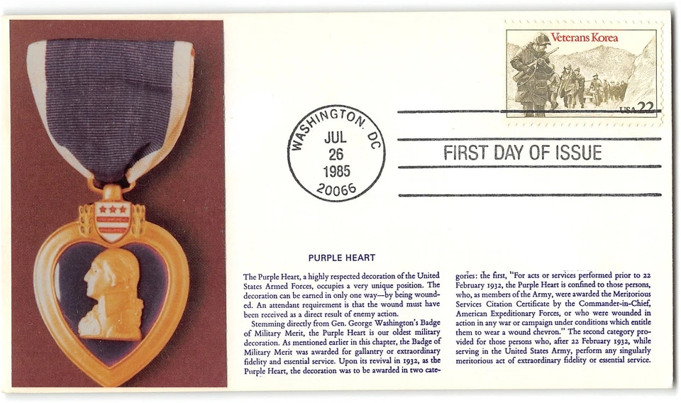 US #2152 FDC, Purple Heart cachet, on cardstock, 1985 - Image 1 of 1