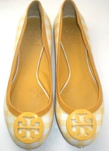 Tory Burch Minnie gelb & weiß Gingham Ballerinas mit gelbem Lacklogo 7M - Bild 1 von 10
