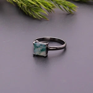 Natural Moss Agate Square Shape Ring Solid Silver Black Oxidized Promise Jewelry - Picture 1 of 20
