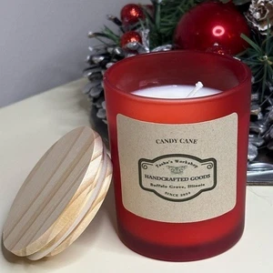 Candy Cane Soy Wax Candle Hand-Poured Holiday Candle in Frosted Red Jar 7oz - Picture 1 of 3