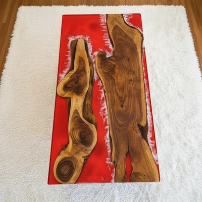 Mesa de jantar 48"x30" feita à mão resina epóxi vermelha móveis de madeira personalizados para casa dec - Imagem 1 de 4