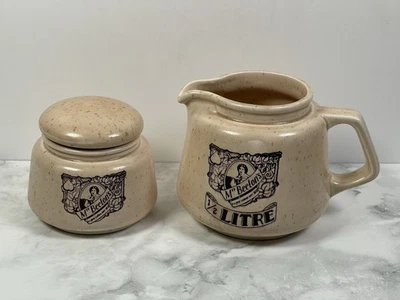 Vintage 1978 Mrs Beeton's Pottery Milk Jug & Sugar Bowl With Lid Beige Fleck - Image 1 of 4
