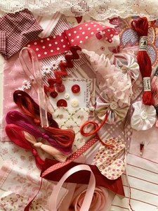 Slow Stitching Pinks Starter Pack-Sewing Kit - 50 pieces fabric.buttons , beads. - Picture 1 of 10