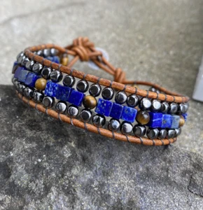 Lapis Beaded Men’s Bracelet With tiger eye and black Leather Wrap Bracelet - Picture 1 of 5