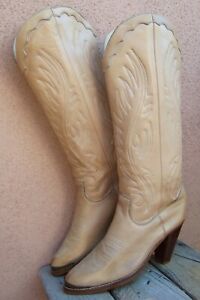 Vintage Women\u2019s Zodiac Frontier Boots Deer Hide Cowgirl Boots Hand Painted Light Brown Size 9 1980s
