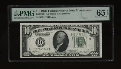 DBR 1928 $10 Minneapolis Numeral Gem Fr. 2000-I PMG 65 EPQ Serial I02147842A - Image 1 of 2