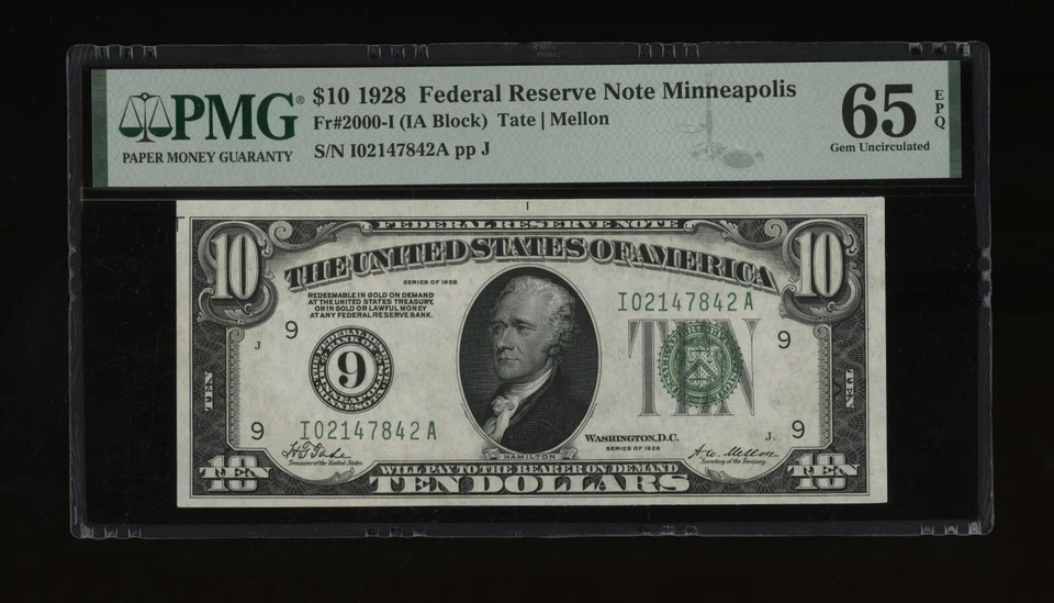 DBR 1928 $10 Minneapolis Numeral Gem Fr. 2000-I PMG 65 EPQ Serial I02147842A - Image 1 of 2