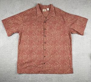 LL Bean Mens Aztec Mayan Cotton Short Sleeve Button-Down Shirt XL Tall XLT Red