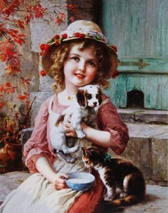 Little girl with a puppy and kitten vintage art by Emile Vernon - Picture 1 of 1