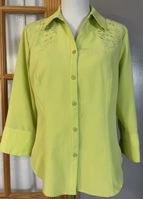 Top de mujer Kathy Che años 90 con botones M bordado floral amarillo verde clásico ciudad Foto 1 de 4