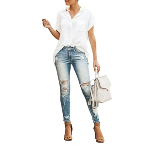 Bolso casual de lino de algodón con cuello redondo sólido de manga corta de moda para mujer 5156 - Imagen 1 de 2