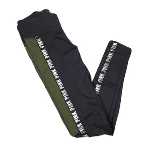 Victoria’s Secret PINK Cozy Women's XS Metallic Logo Leggings Green And Black - Picture 1 of 9